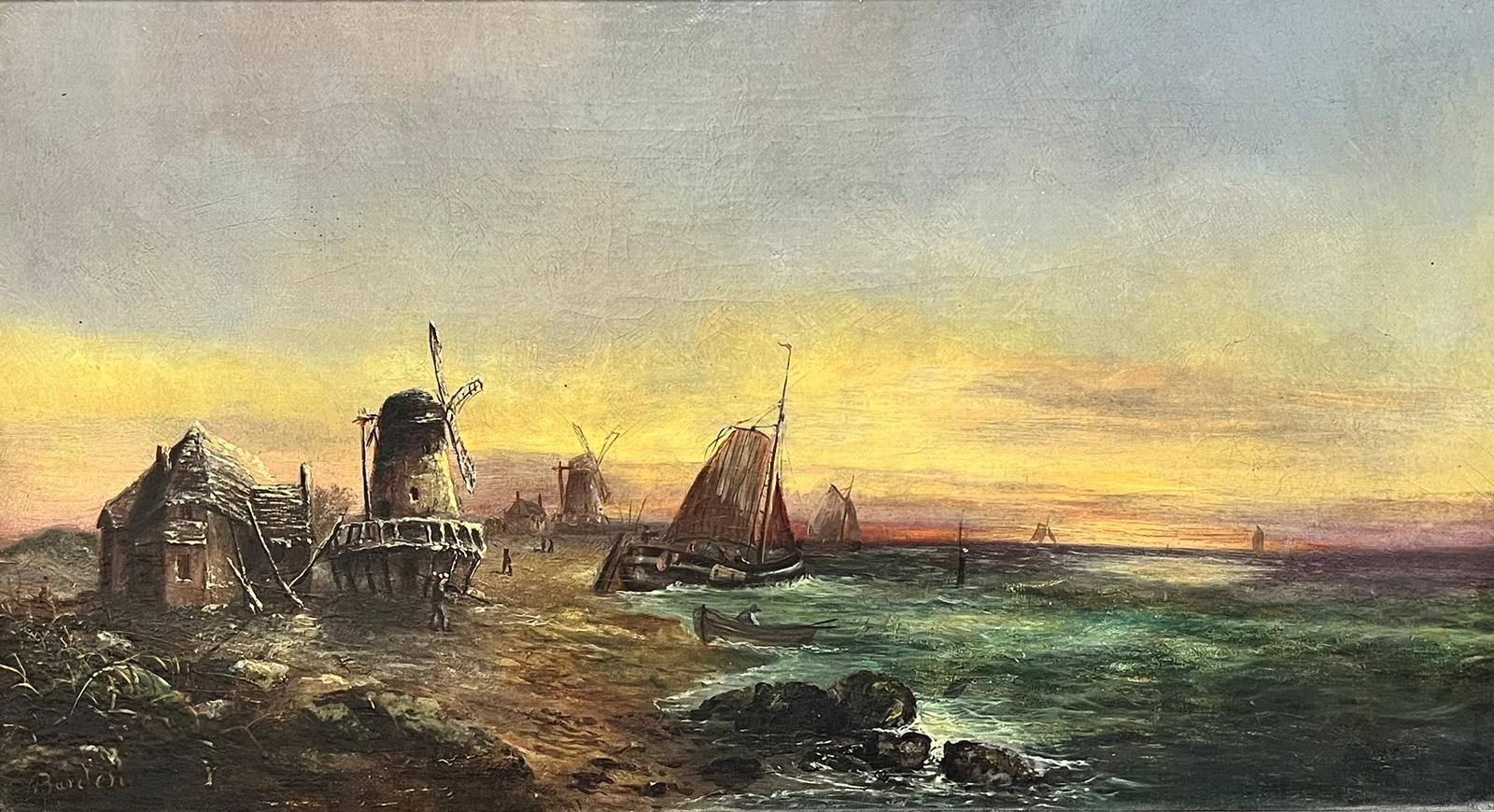Firmato Antico dipinto a olio inglese Scena costiera con barche da pesca e mulini a vento - Painting di Victorian School