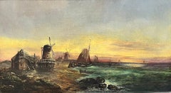 Signed Antique English Oil Painting Busy Coastal Scene Fishing Boats & Windmills