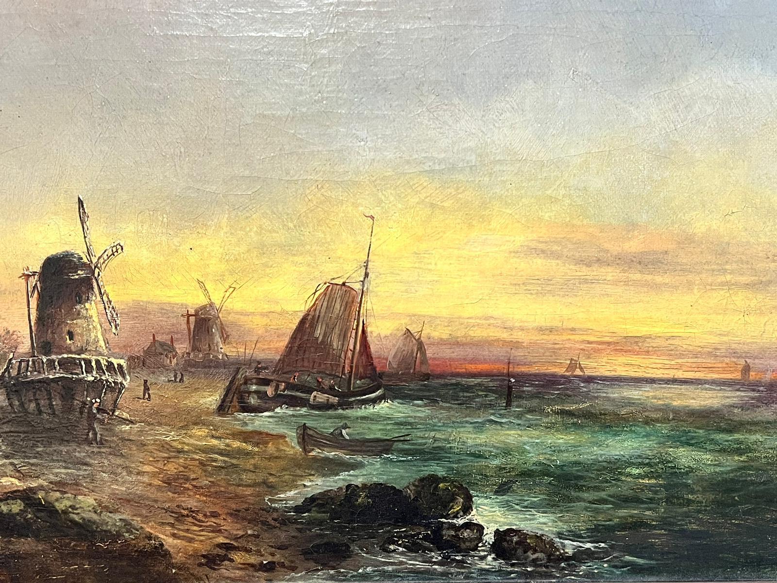 Signed Antique English Oil Painting Busy Coastal Scene Fishing Boats & Windmills For Sale 2