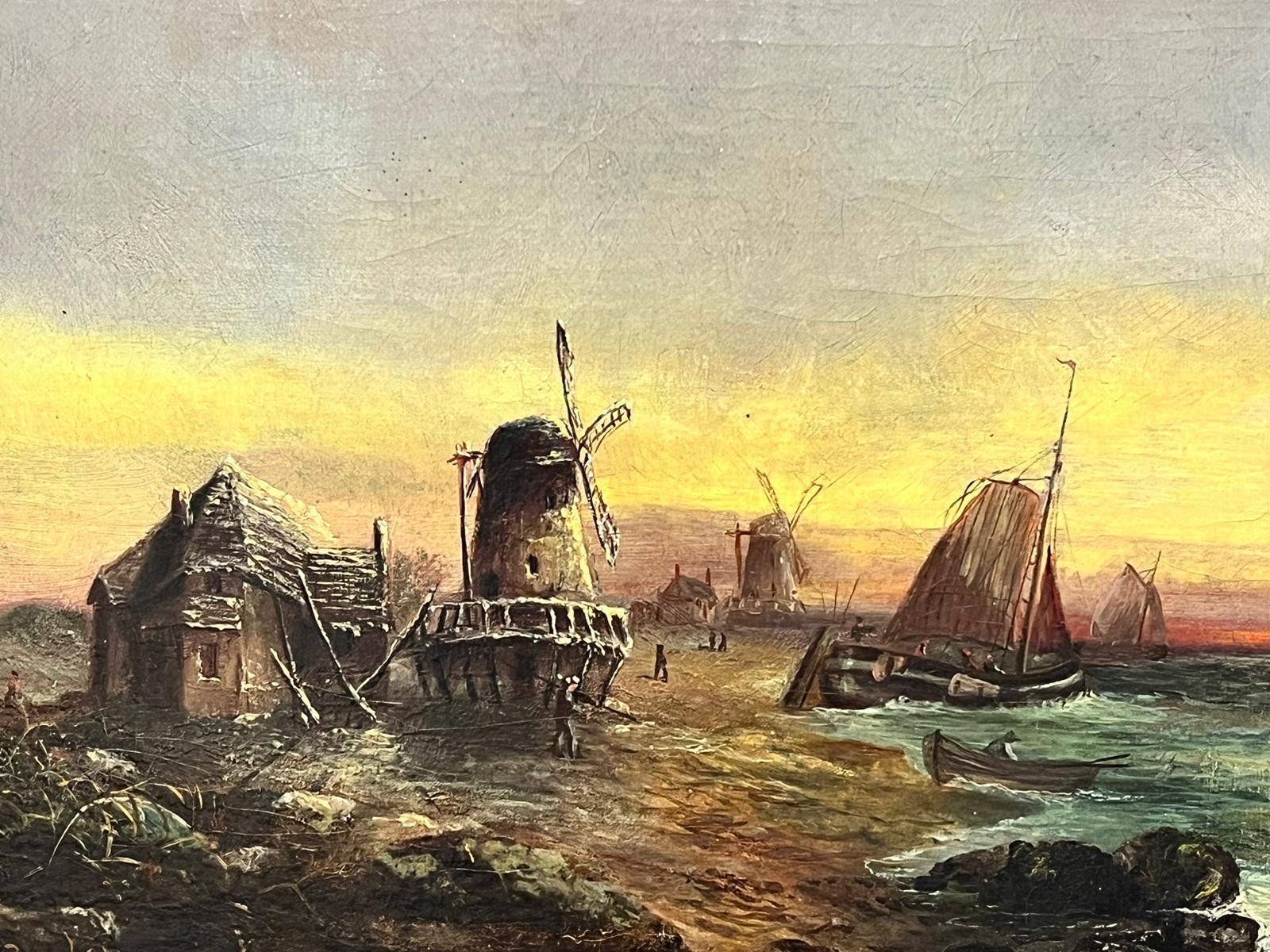 Signed Antique English Oil Painting Busy Coastal Scene Fishing Boats & Windmills For Sale 3