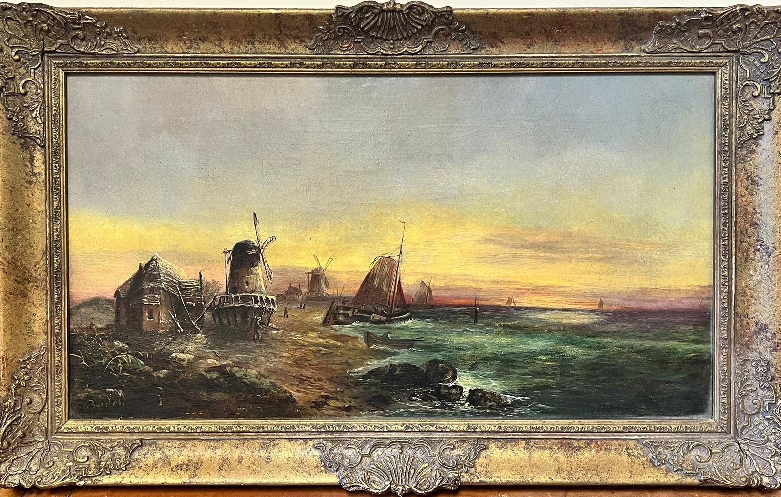 Victorian School Landscape Painting – Signiertes antikes englisches Ölgemälde Busy Coastal Scene, Fischenboote und Windmühlen