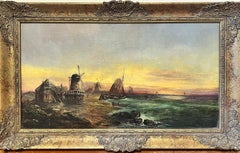 Signed Antique English Oil Painting Busy Coastal Scene Fishing Boats & Windmills