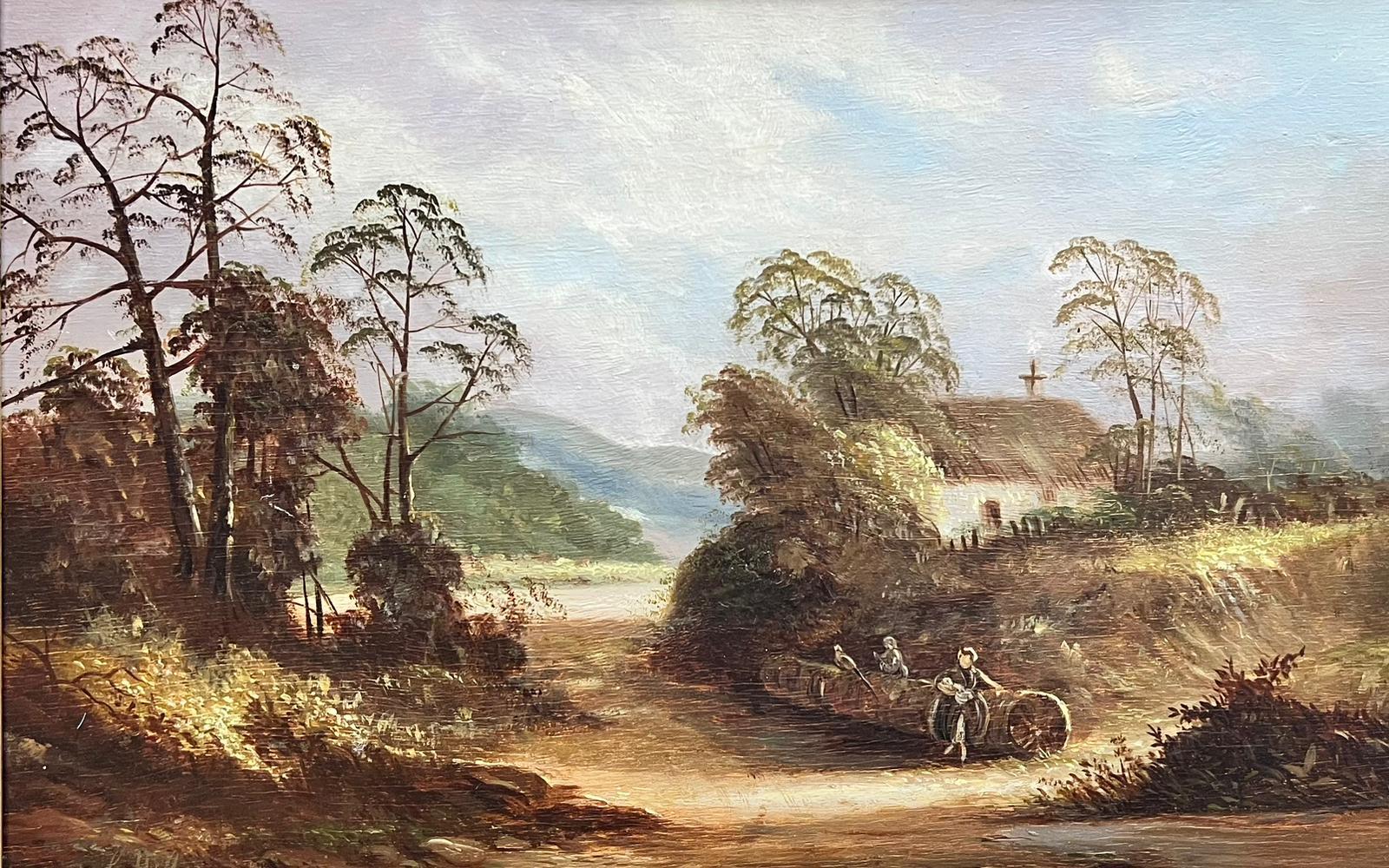Pintura al óleo inglesa victoriana Dama junto a viejo tronco de árbol Paisaje rural enmarcada - Painting de Victorian School