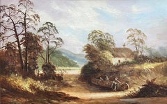 Victorian English Oil Painting Lady by Old Tree Trunk Rural Landscape framed