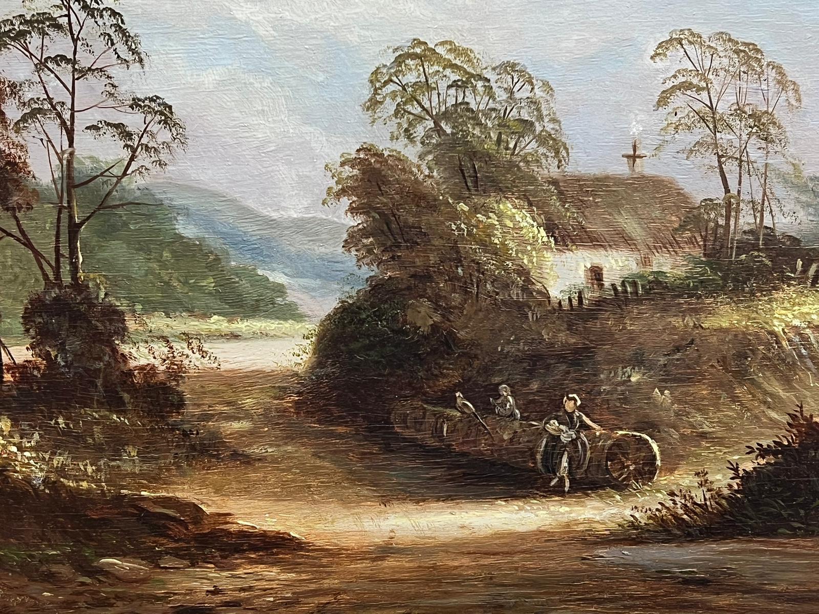 Pintura al óleo inglesa victoriana Dama junto a viejo tronco de árbol Paisaje rural enmarcada - Landscape Painting Beige de Victorian School
