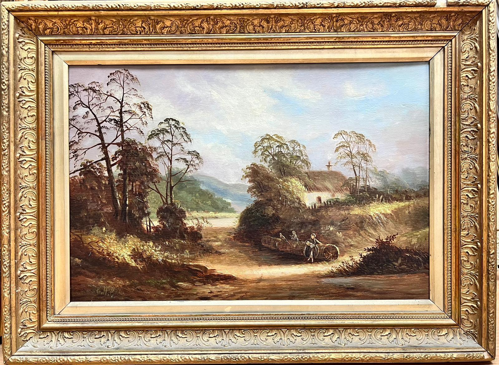 Victorian School Landscape Painting - Victorian English Oil Painting Lady by Old Tree Trunk Rural Landscape framed