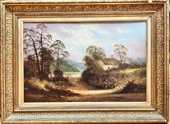 Used Victorian English Oil Painting Lady by Old Tree Trunk Rural Landscape framed