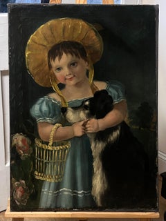 Victorian English Oil Painting Portrait of a Young Girl In a Bonnet with Her Dog