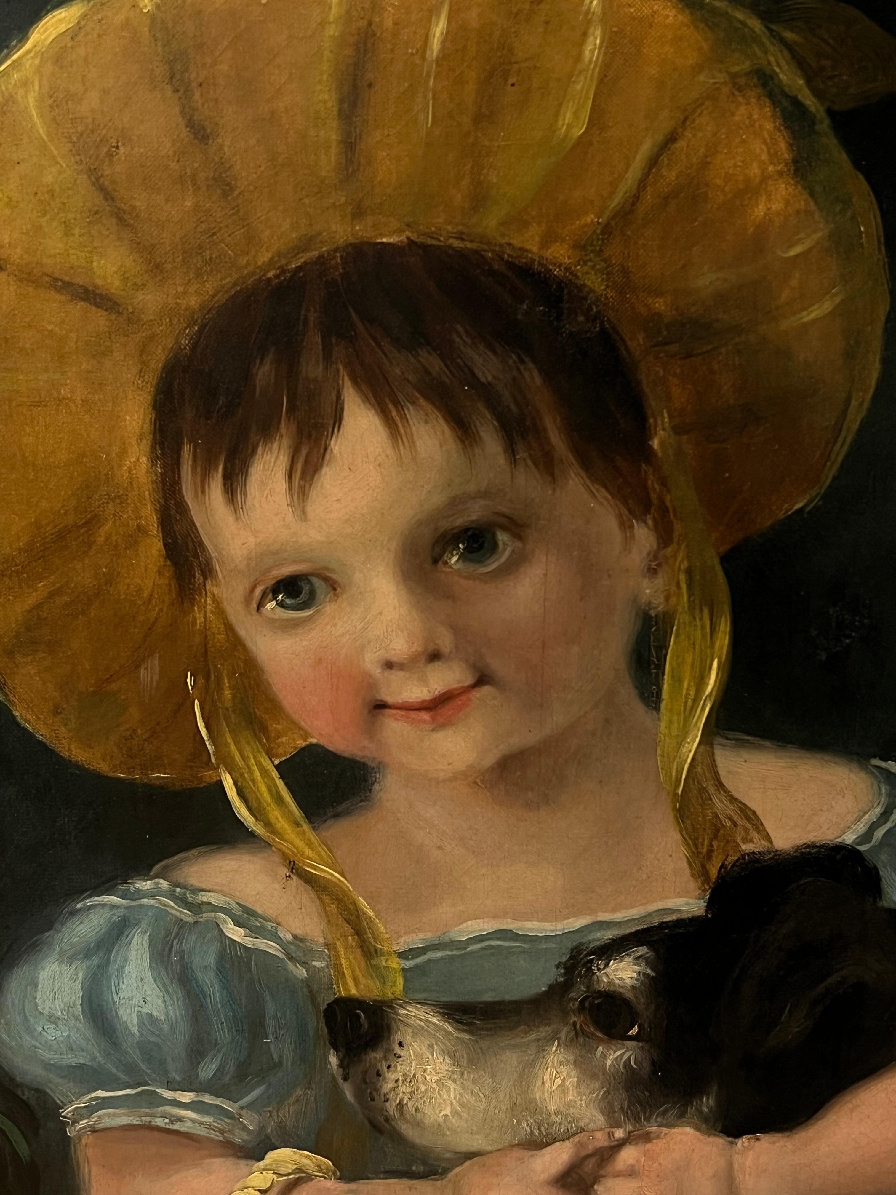 Pittura a olio inglese vittoriana Ritratto di una giovane ragazza con un cappellino e il suo cane - Painting Vittoriano di Victorian School