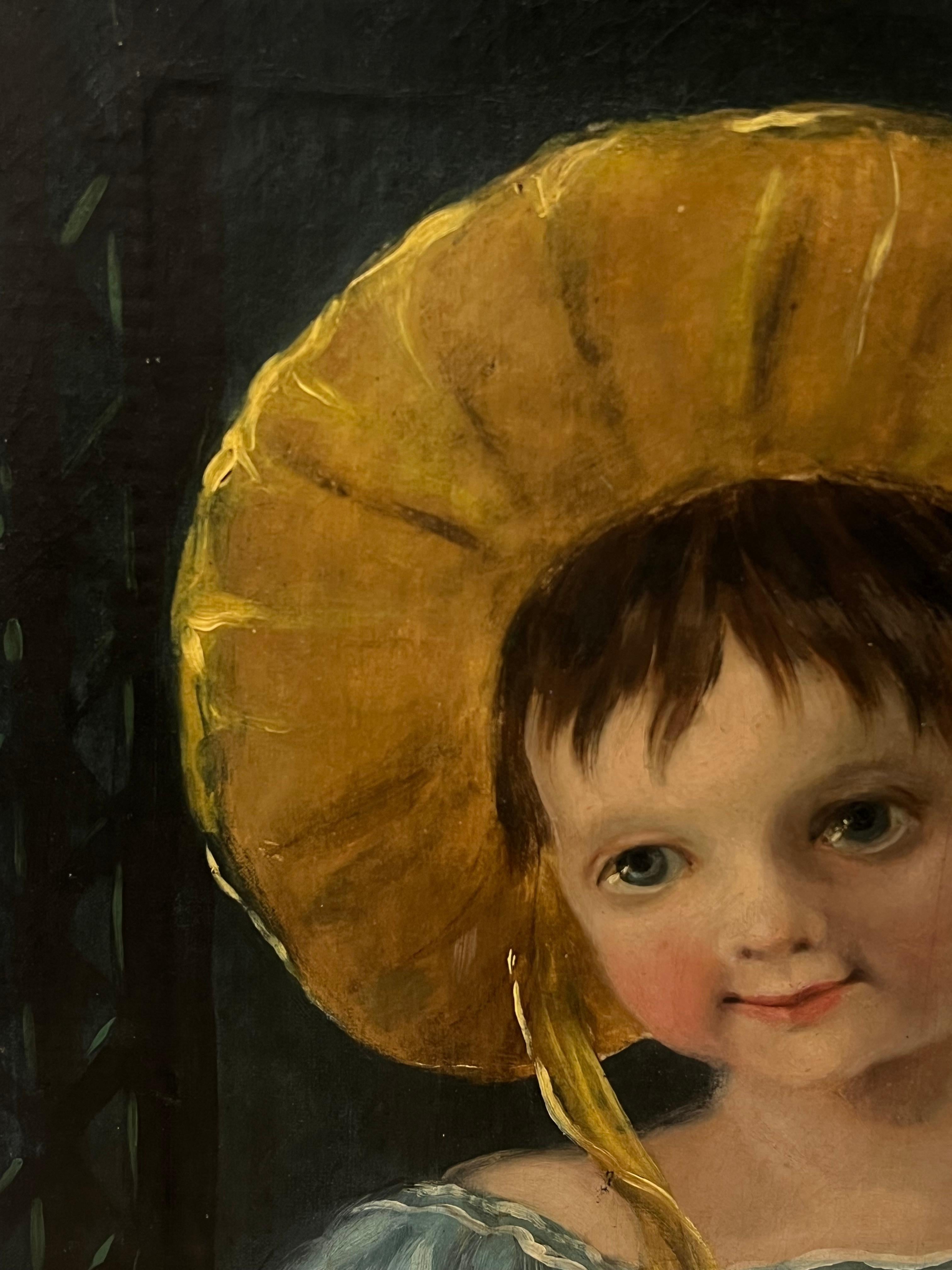 Pittura a olio inglese vittoriana Ritratto di una giovane ragazza con un cappellino e il suo cane - Figurative Painting Nero di Victorian School