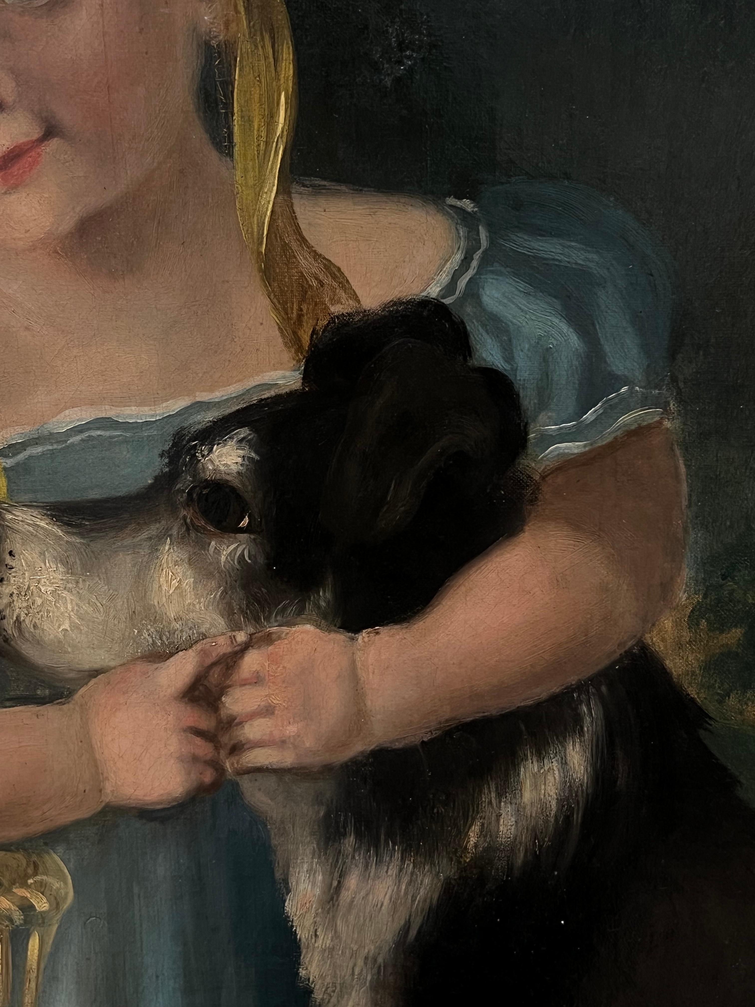 Ritratto di una giovane ragazza con il suo fedele cane
English School, 19° secolo
olio su tela, senza cornice
Tela: 28 x 20 pollici
Provenienza: collezione privata, Inghilterra
Condizioni: ottime condizioni

Descrizione:
Questo affascinante dipinto