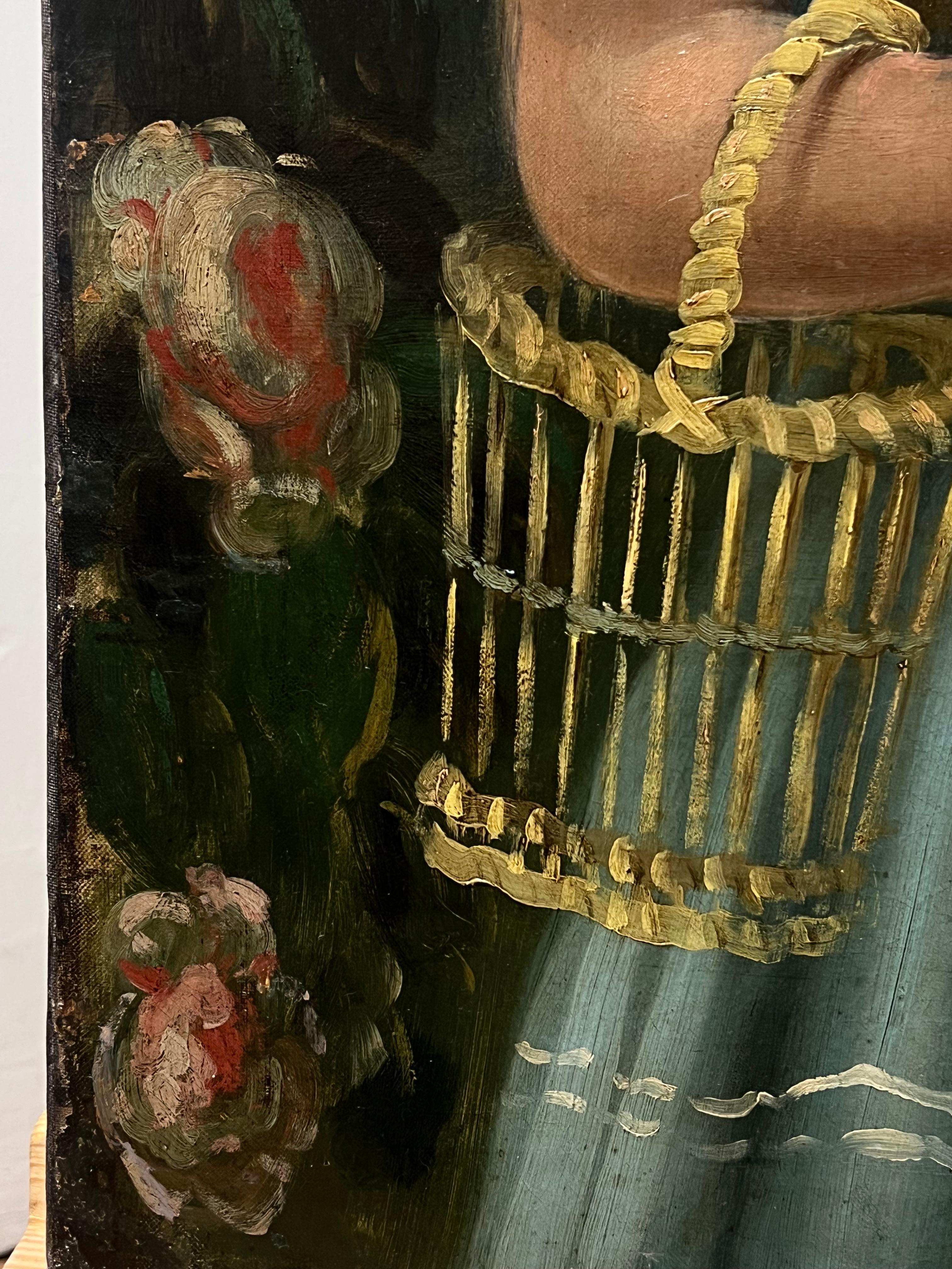 Pittura a olio inglese vittoriana Ritratto di una giovane ragazza con un cappellino e il suo cane in vendita 2