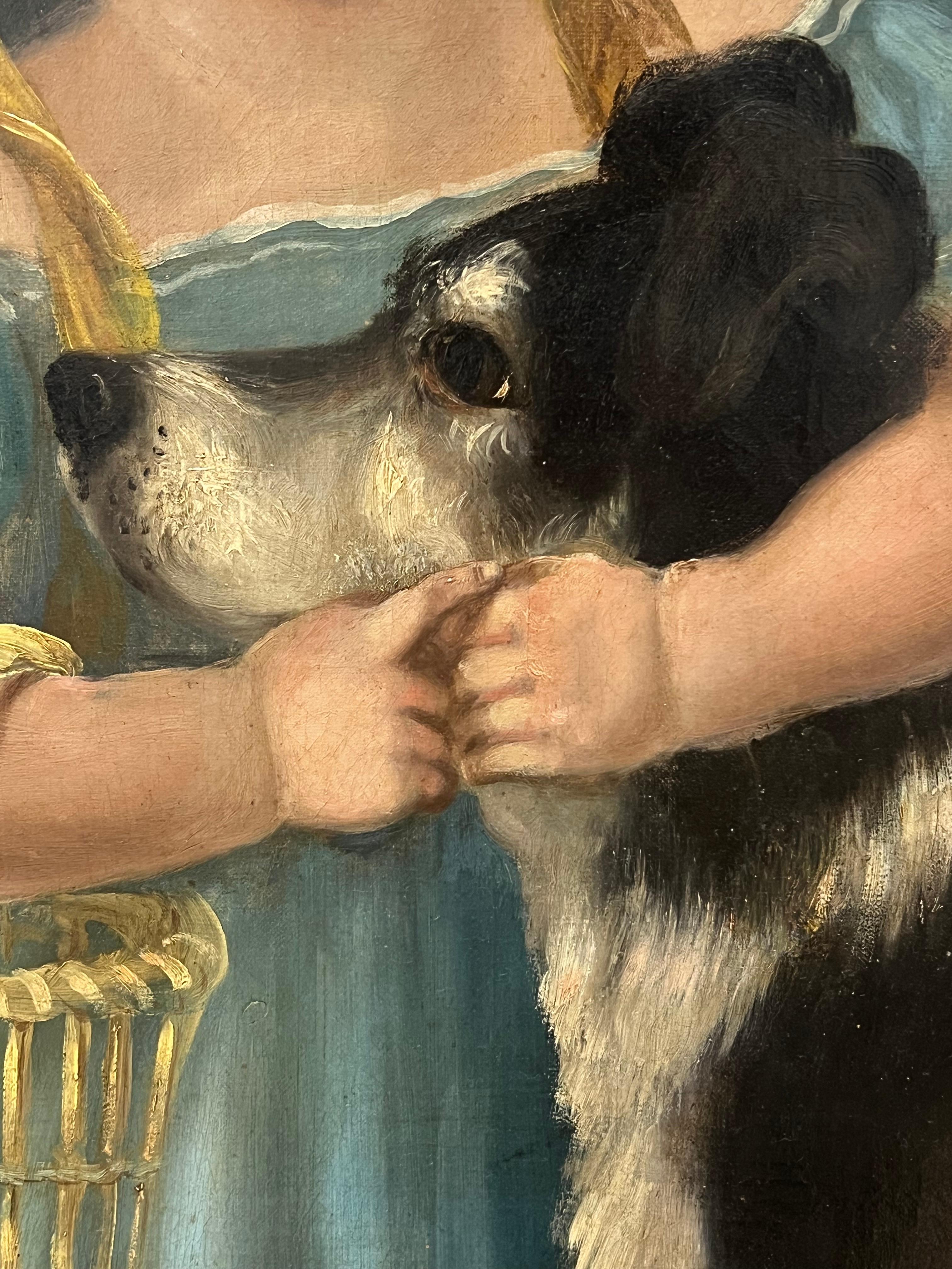 Pittura a olio inglese vittoriana Ritratto di una giovane ragazza con un cappellino e il suo cane in vendita 3