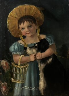 Portrait anglais victorien d'une jeune fille dans un chapeau avec son chien