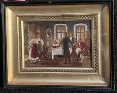 Victorian Interior with Several Figures Antique English Oil Painting