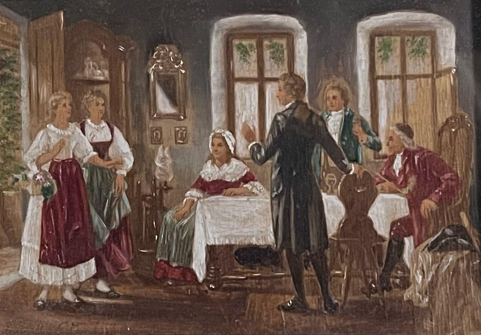 Victorian School Interior Painting - Victorian Interior with Several Figures Antique English Oil Painting