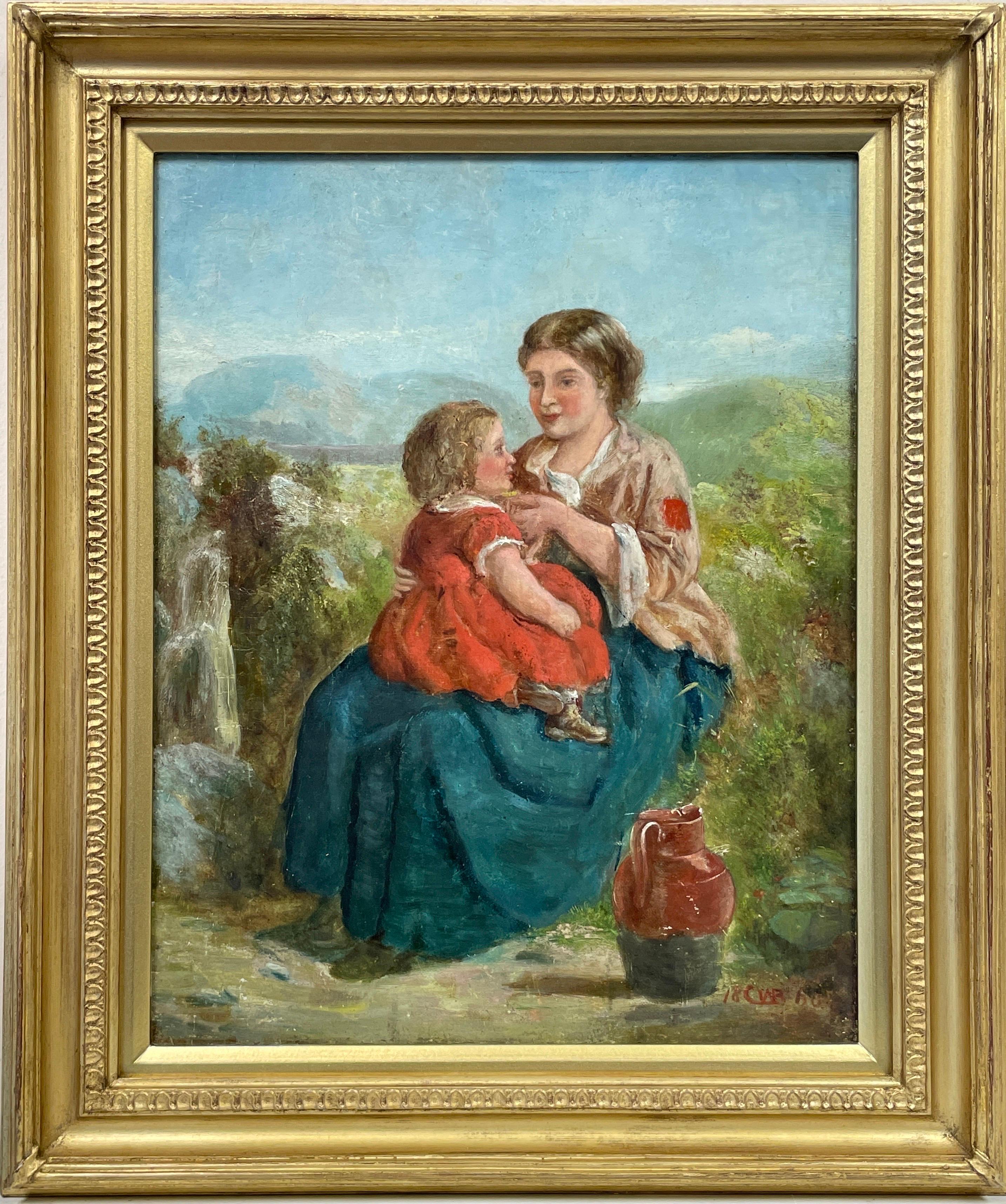 Victorian School Landscape Painting - Victorian Scottish Oil Painting Young Mother & Daughter in Highland Landscape