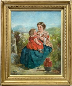 Victorian Scottish Oil Painting Young Mother & Daughter in Highland Landscape