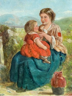 Antique Victorian Scottish Oil Painting Young Mother & Daughter in Highland Landscape
