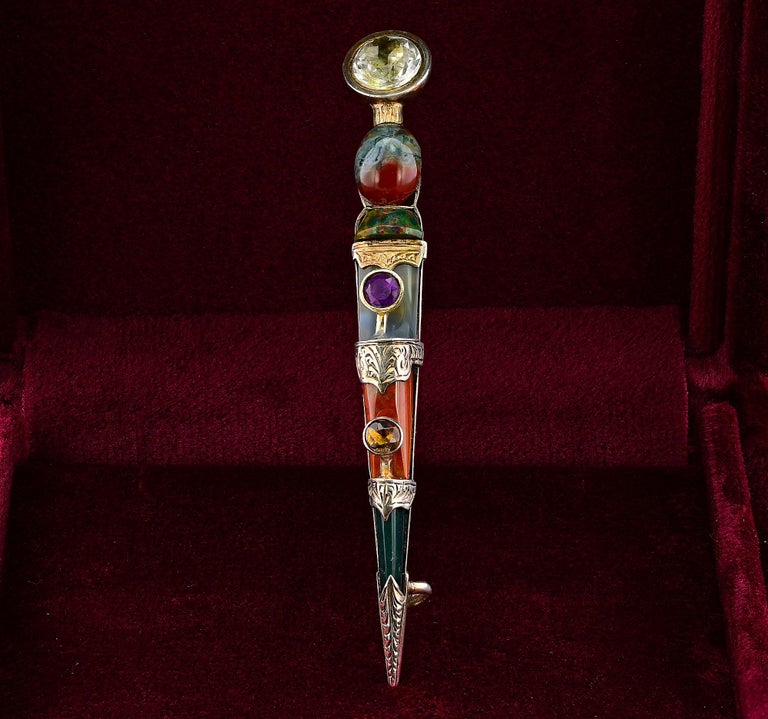 Broche Ancienne Victorienne écossaise En Argent Sterling - Agate Et Jaspe - Style Dirk Kilt