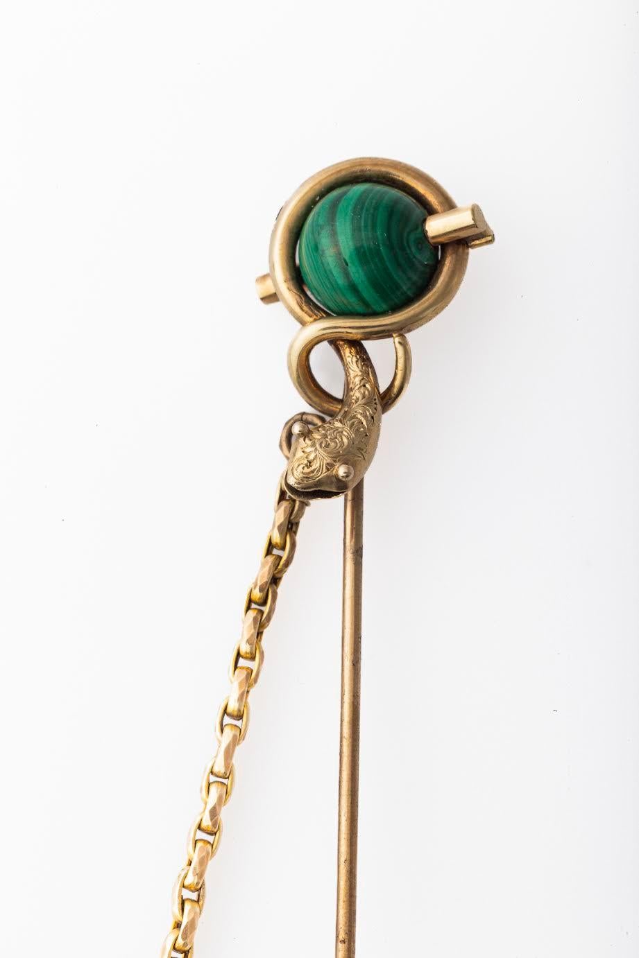 Round Cut Victorian Scottish Malachite Serpent Pins For Sale