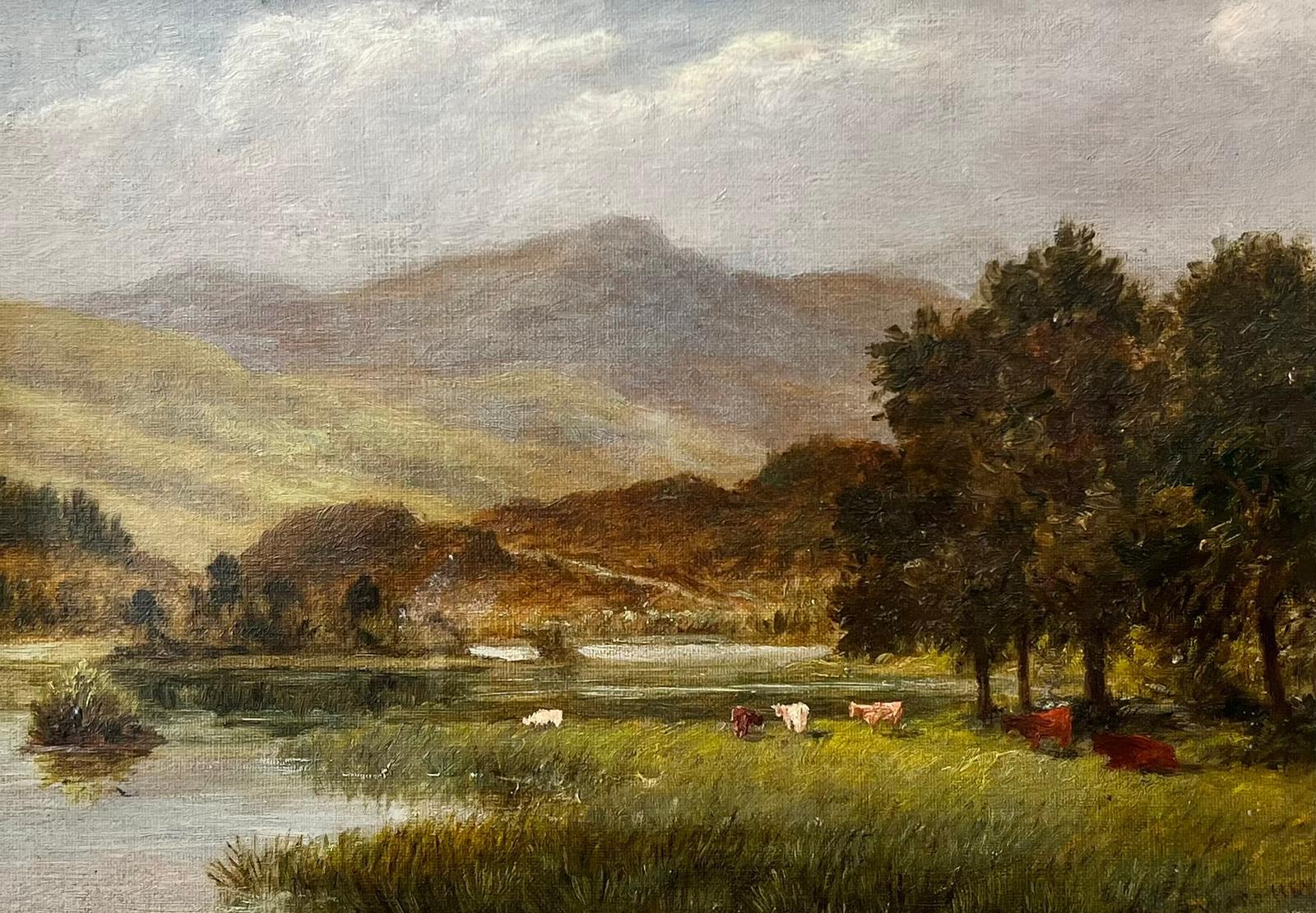 Cattle Grazing Tranquil Scottish Pastoral Landscape, 19th century Signed Oil - Painting by Victorian Scottish