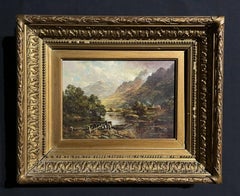 Fine 19th Century Scottish Highlands Oil Painting Boat in River Landscape, frame