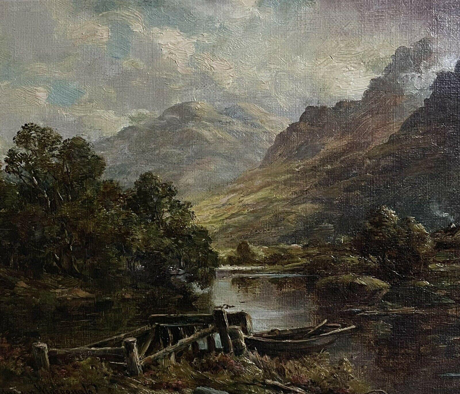 Fine 19th Century Scottish Highlands Oil Painting Boat in River Landscape, frame For Sale 1