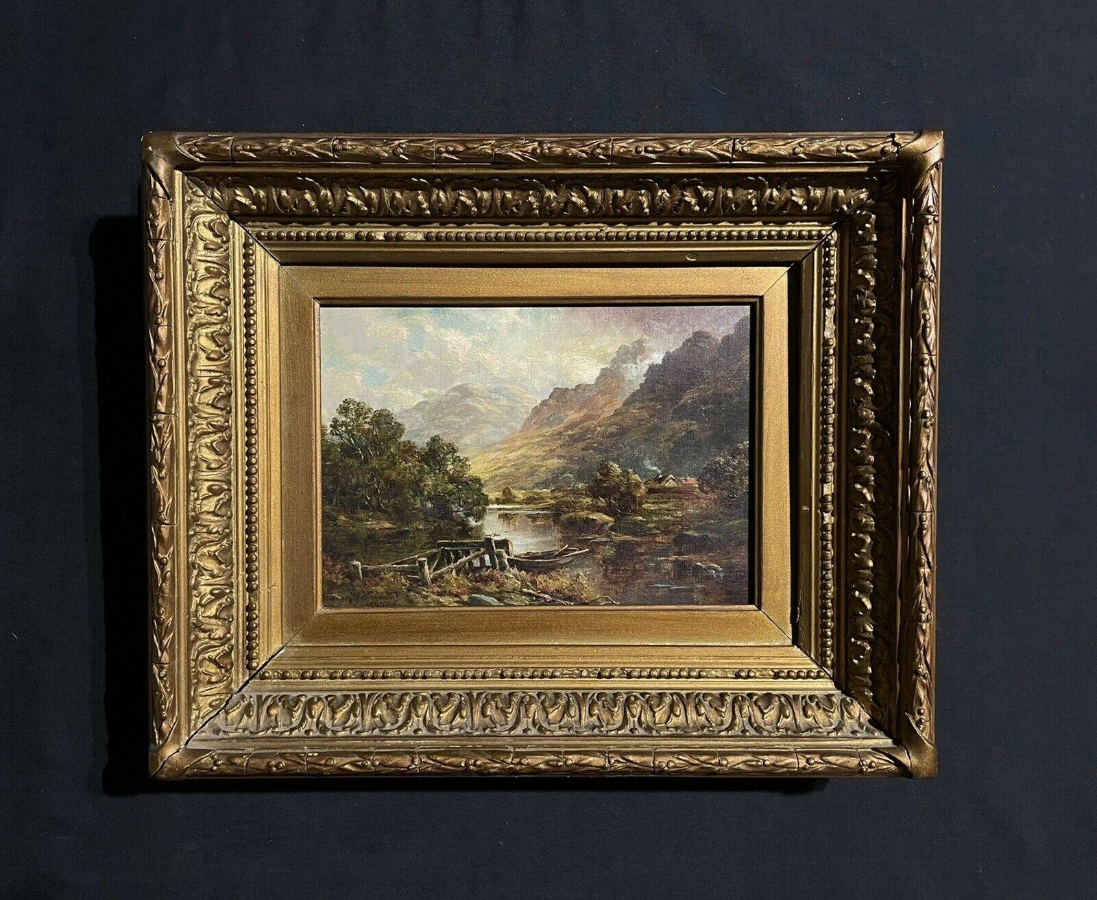 Fine 19th Century Scottish Highlands Oil Painting Boat in River Landscape, frame For Sale 3