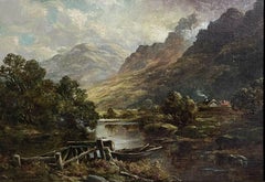 Antique Fine 19th Century Scottish Highlands Oil Painting Boat in River Landscape, frame