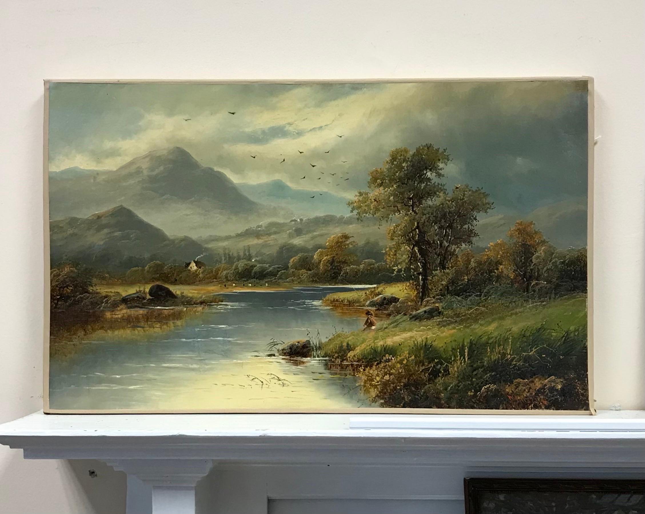 Belle peinture à l'huile victorienne du 19ème siècle, Angler in Scottish Highlands Landscape - Painting de Victorian Scottish
