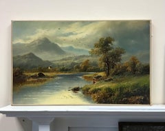 Fine 19th Century Victorian Oil Painting Angler in Scottish Highlands Landscape