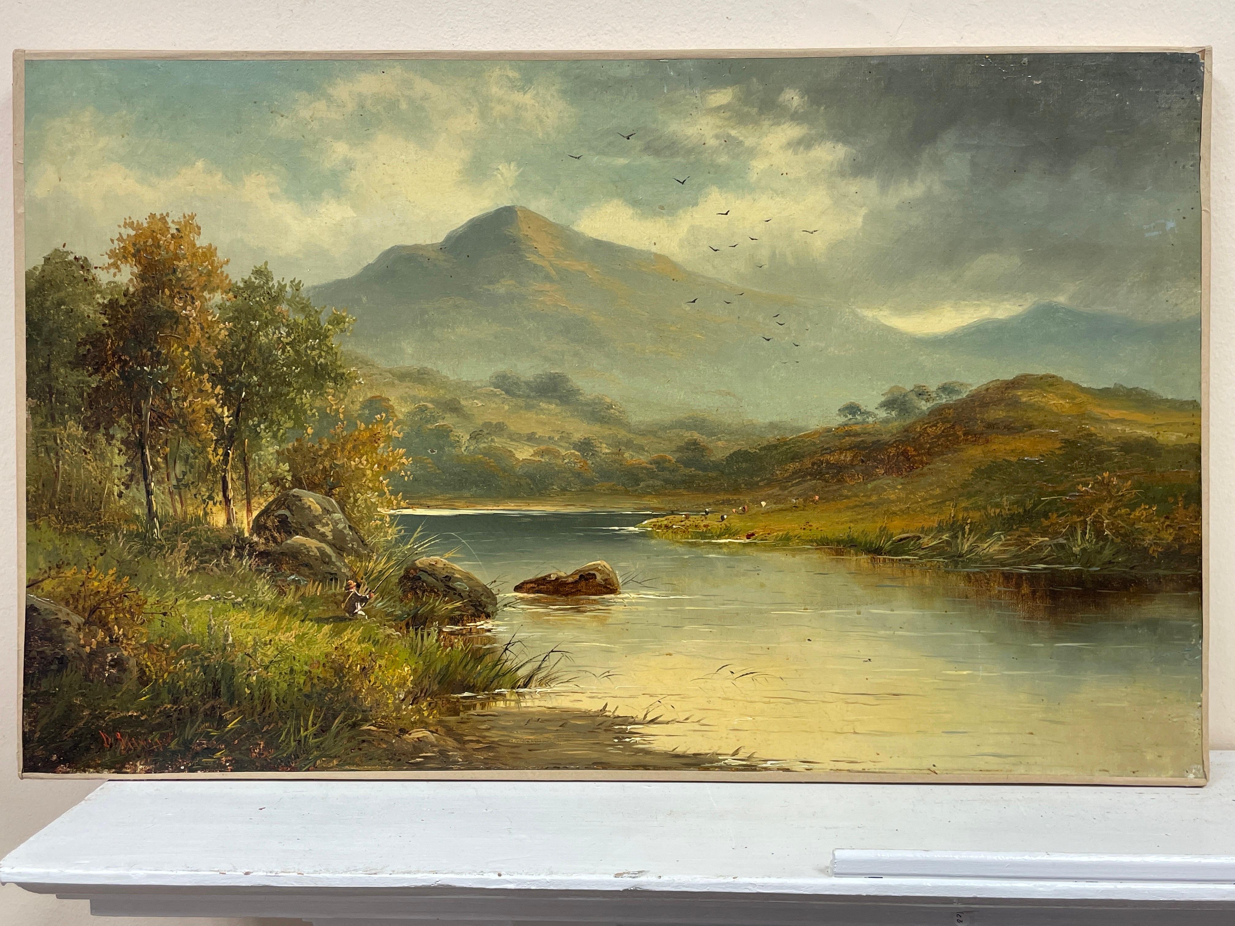 Belle peinture à l'huile victorienne du 19ème siècle, Angler in Scottish Highlands Landscape - Painting de Victorian Scottish