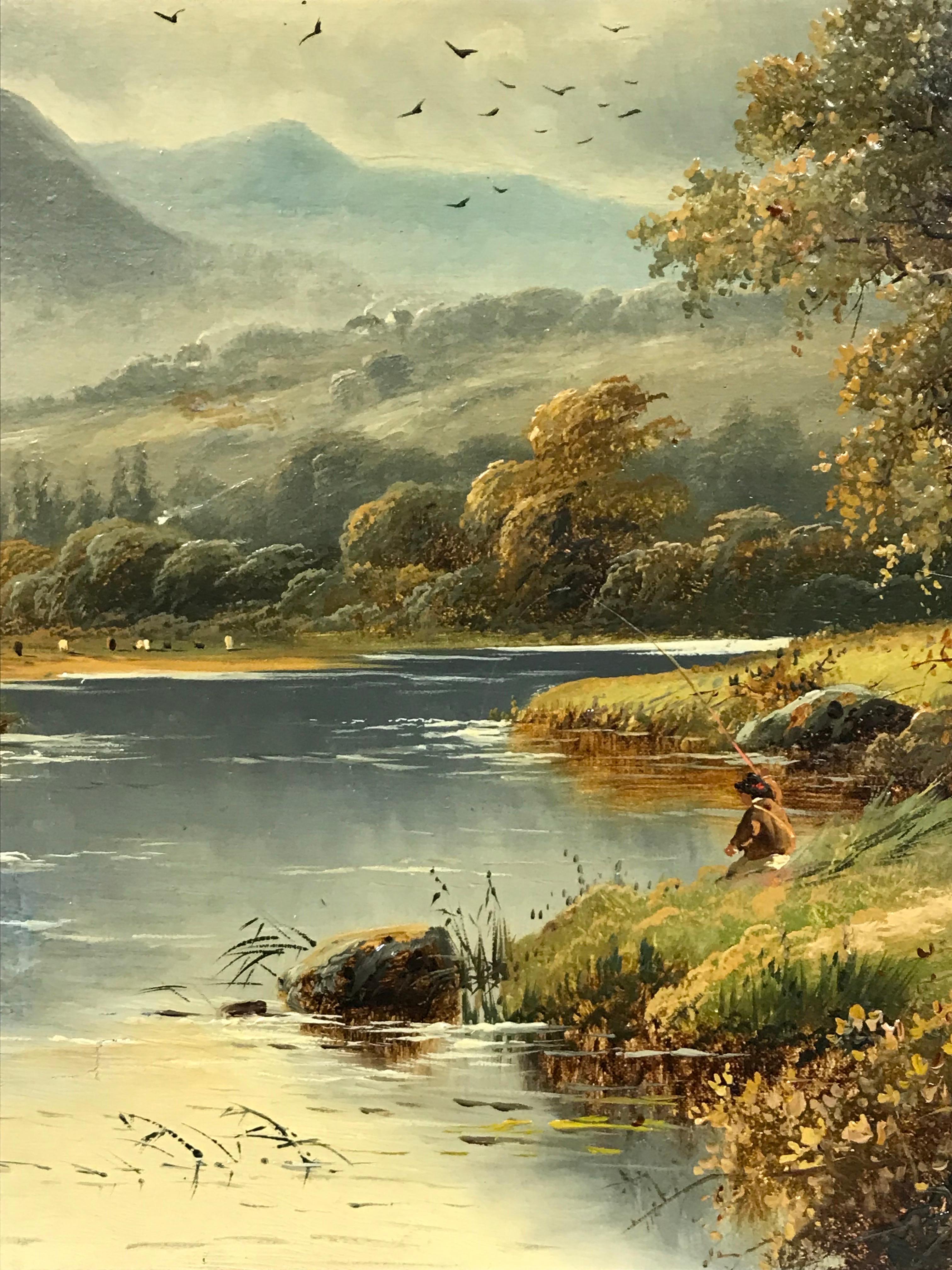Belle peinture à l'huile victorienne du 19ème siècle, Angler in Scottish Highlands Landscape - Victorien Painting par Victorian Scottish