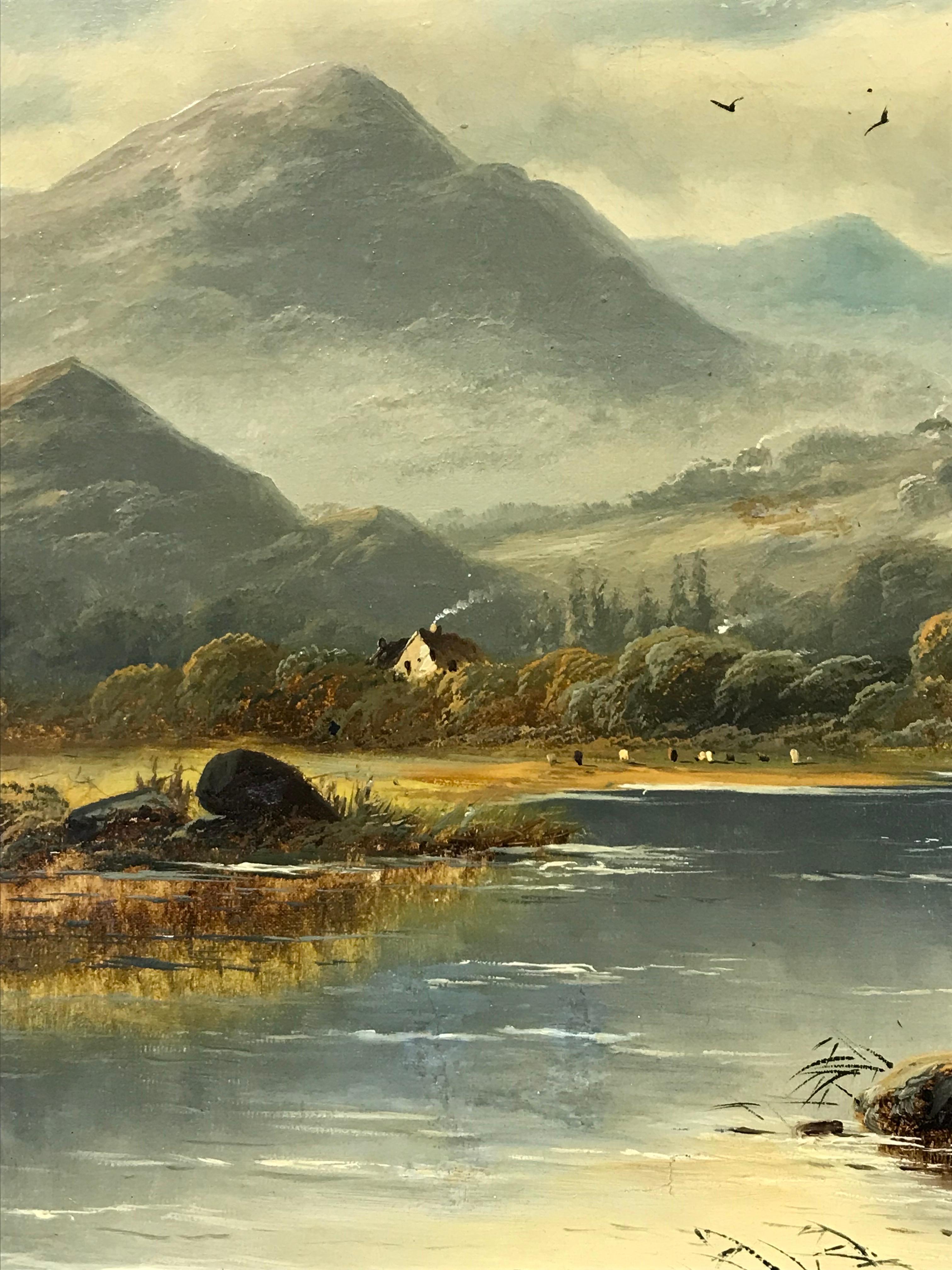 Belle peinture à l'huile victorienne du 19ème siècle, Angler in Scottish Highlands Landscape - Gris Figurative Painting par Victorian Scottish