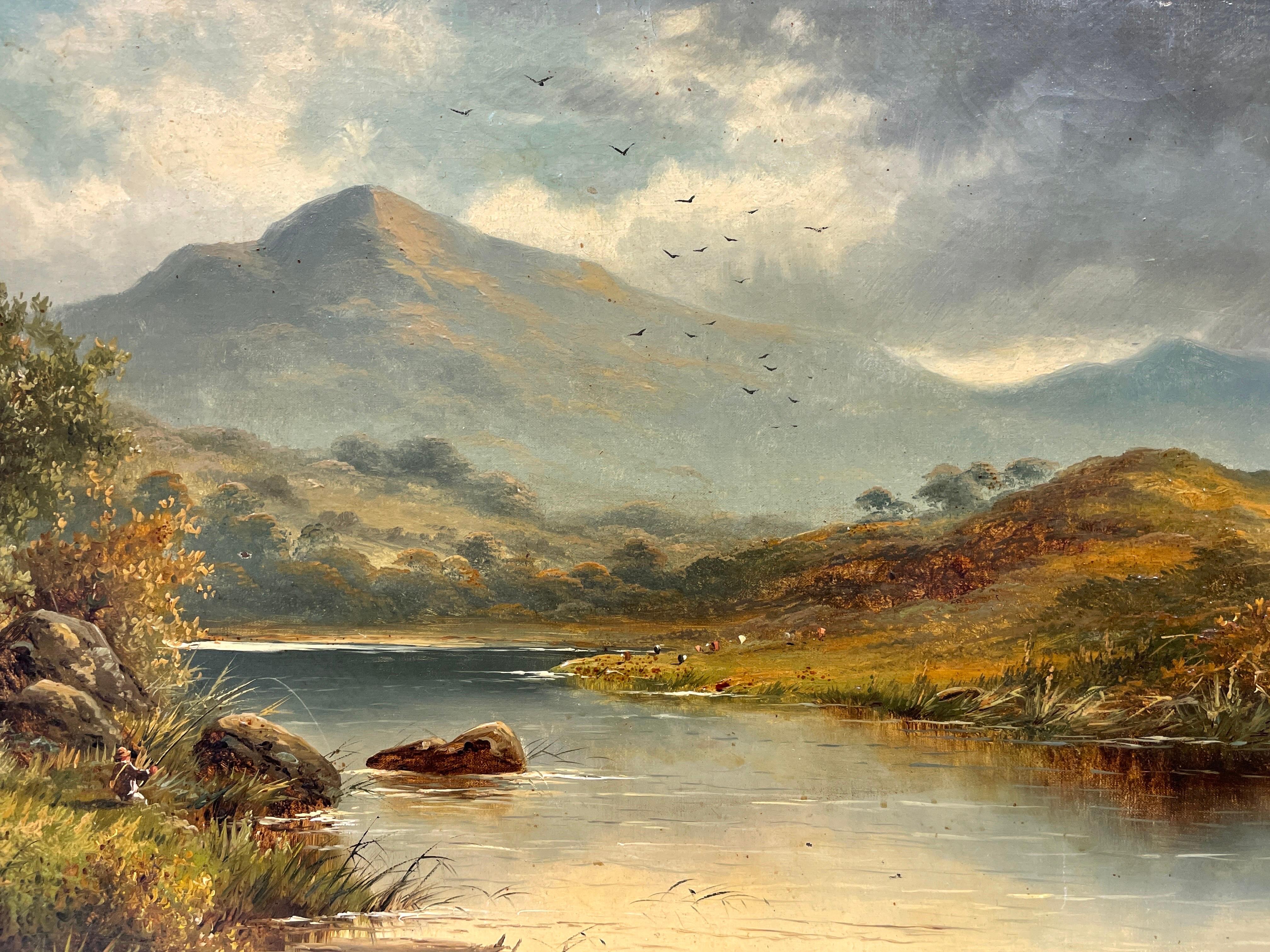 Belle peinture à l'huile victorienne du 19ème siècle, Angler in Scottish Highlands Landscape - Victorien Painting par Victorian Scottish