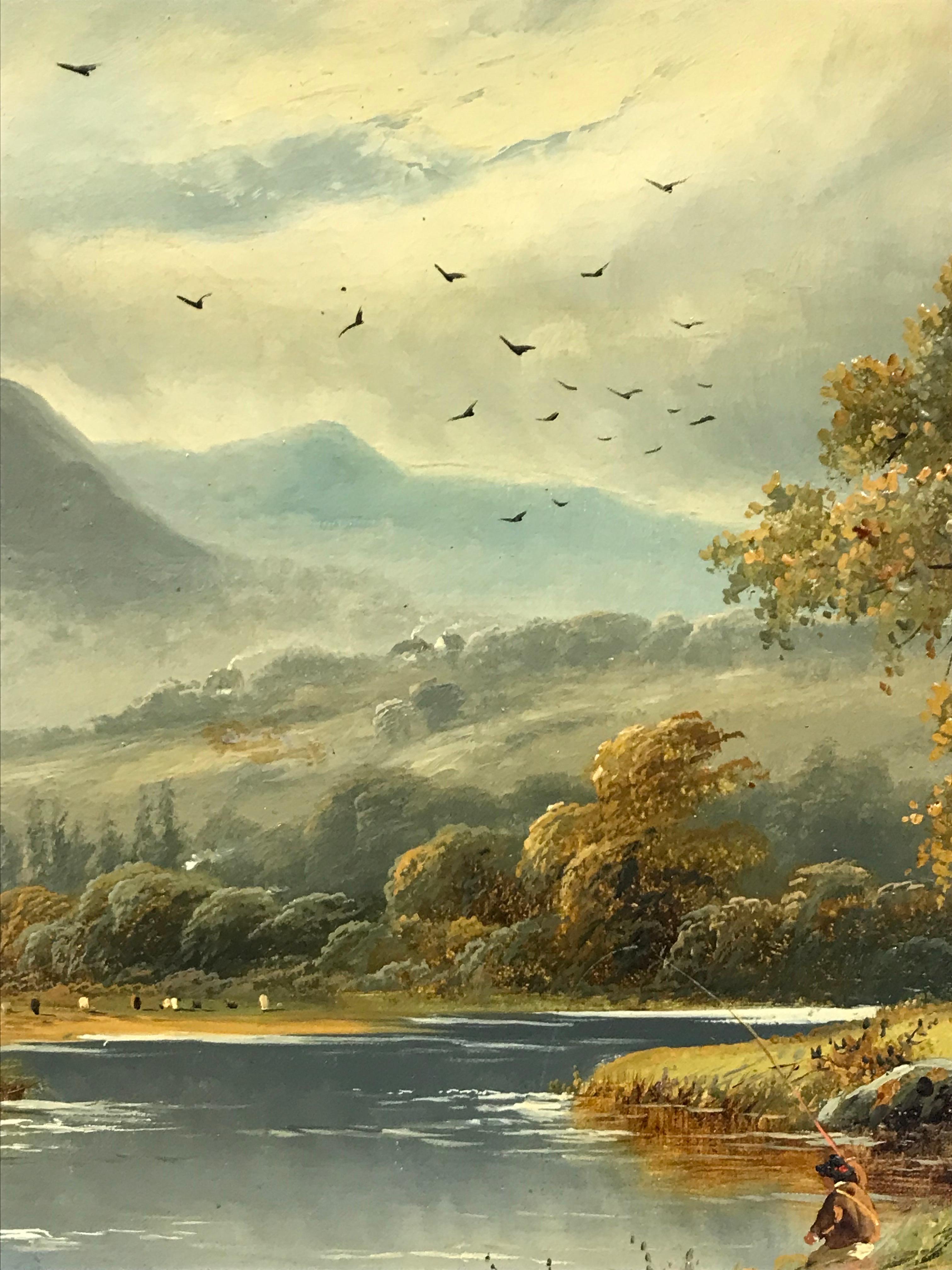 Artistics/ School : École écossaise, 19e siècle, signé indistinctement dans le coin inférieur

Titre : Le pêcheur à la ligne dans les Highlands écossais, belle scène de paysage.

Médium : peinture à l'huile sur toile, non encadrée, signée

toile :