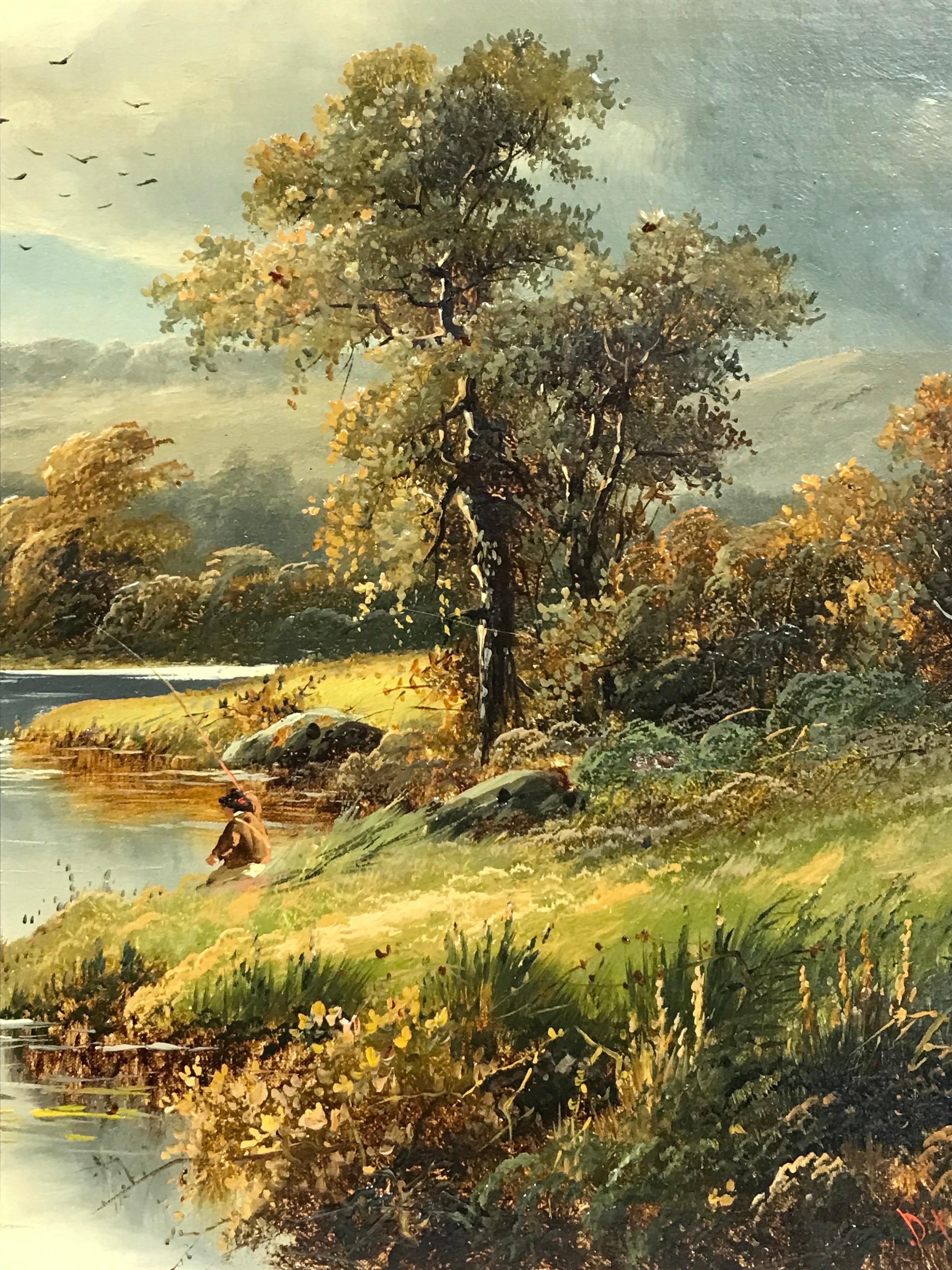 Belle peinture à l'huile victorienne du 19ème siècle, Angler in Scottish Highlands Landscape 1