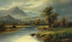 Belle peinture à l'huile victorienne du 19ème siècle, Angler in Scottish Highlands Landscape