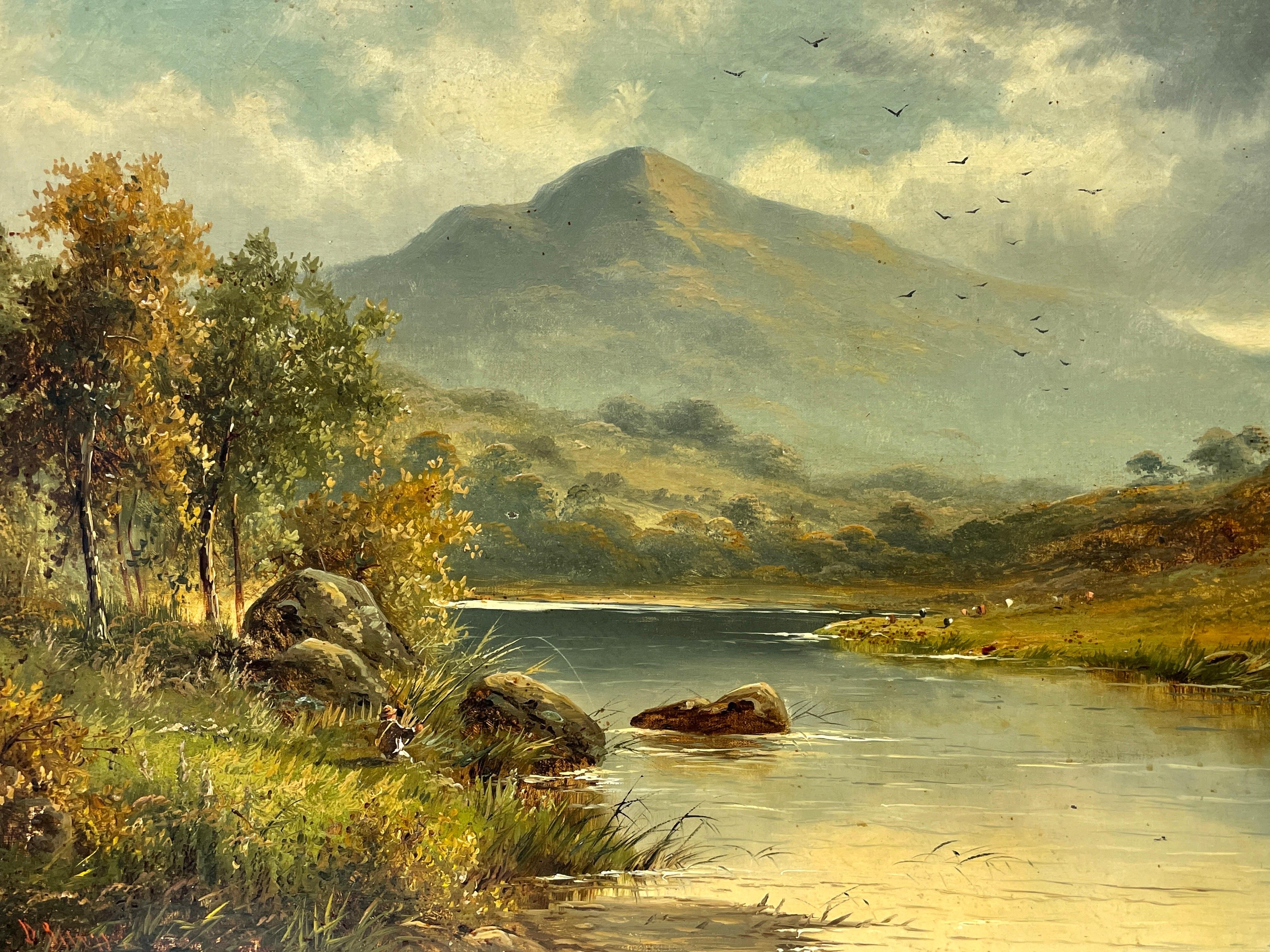 Landscape Painting Victorian Scottish - Belle peinture à l'huile victorienne du 19ème siècle, Angler in Scottish Highlands Landscape