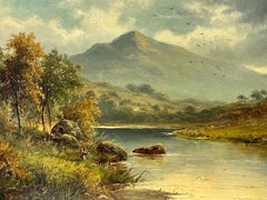 Fine 19th Century Victorian Oil Painting Angler in Scottish Highlands Landscape