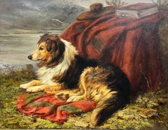 Fine Large Victorian Dog Painting Collie Dog in Scottish Highland Landscape