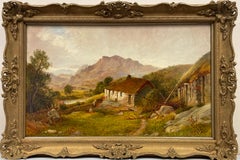Fine peinture à l'huile victorienne écossaise de paysage des Highlands Crofters et de la vallée de la rivière