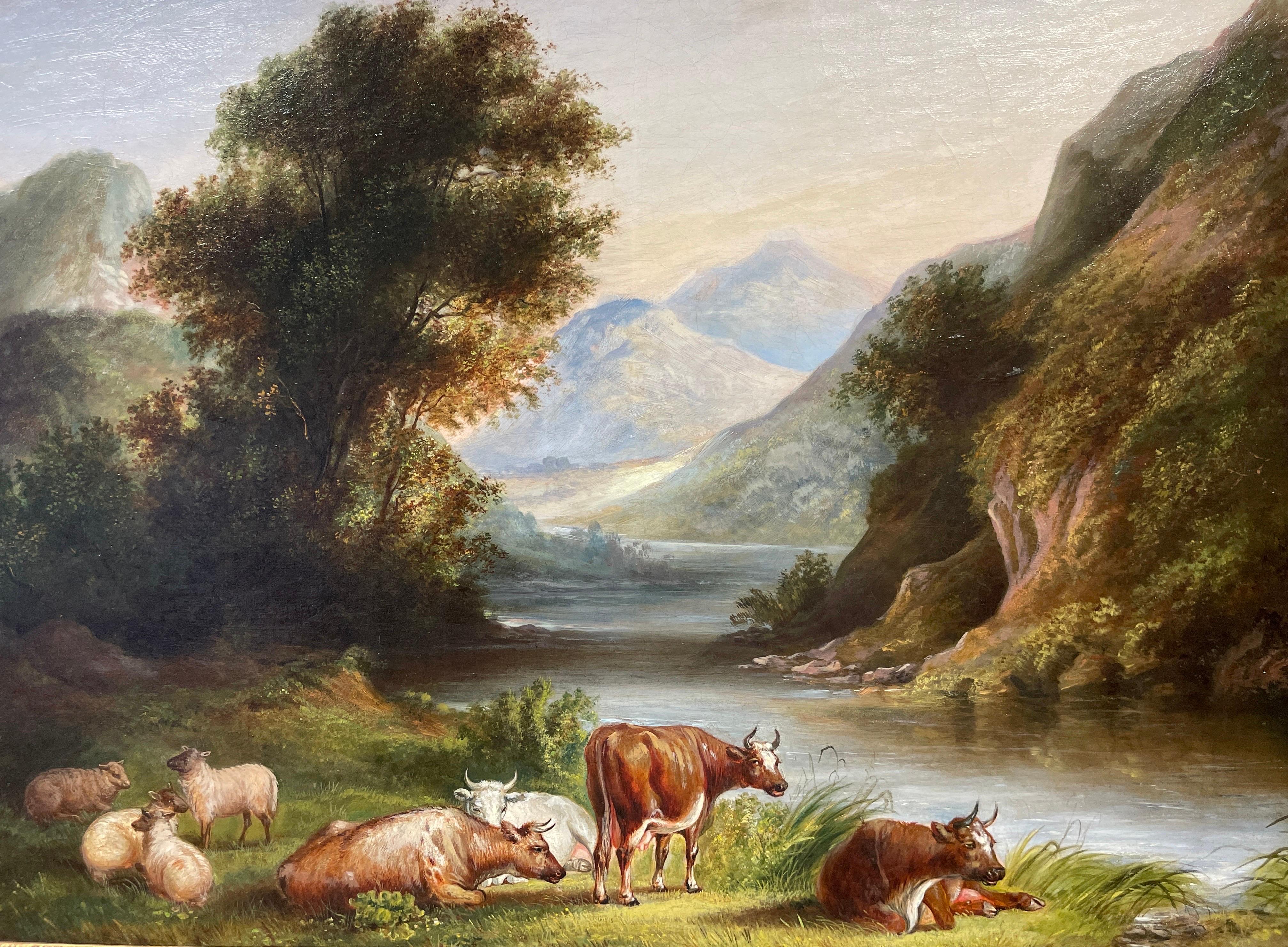 Huge 19th Century Scottish Oil Painting Cattle & Sheep in Highland Landscape 7