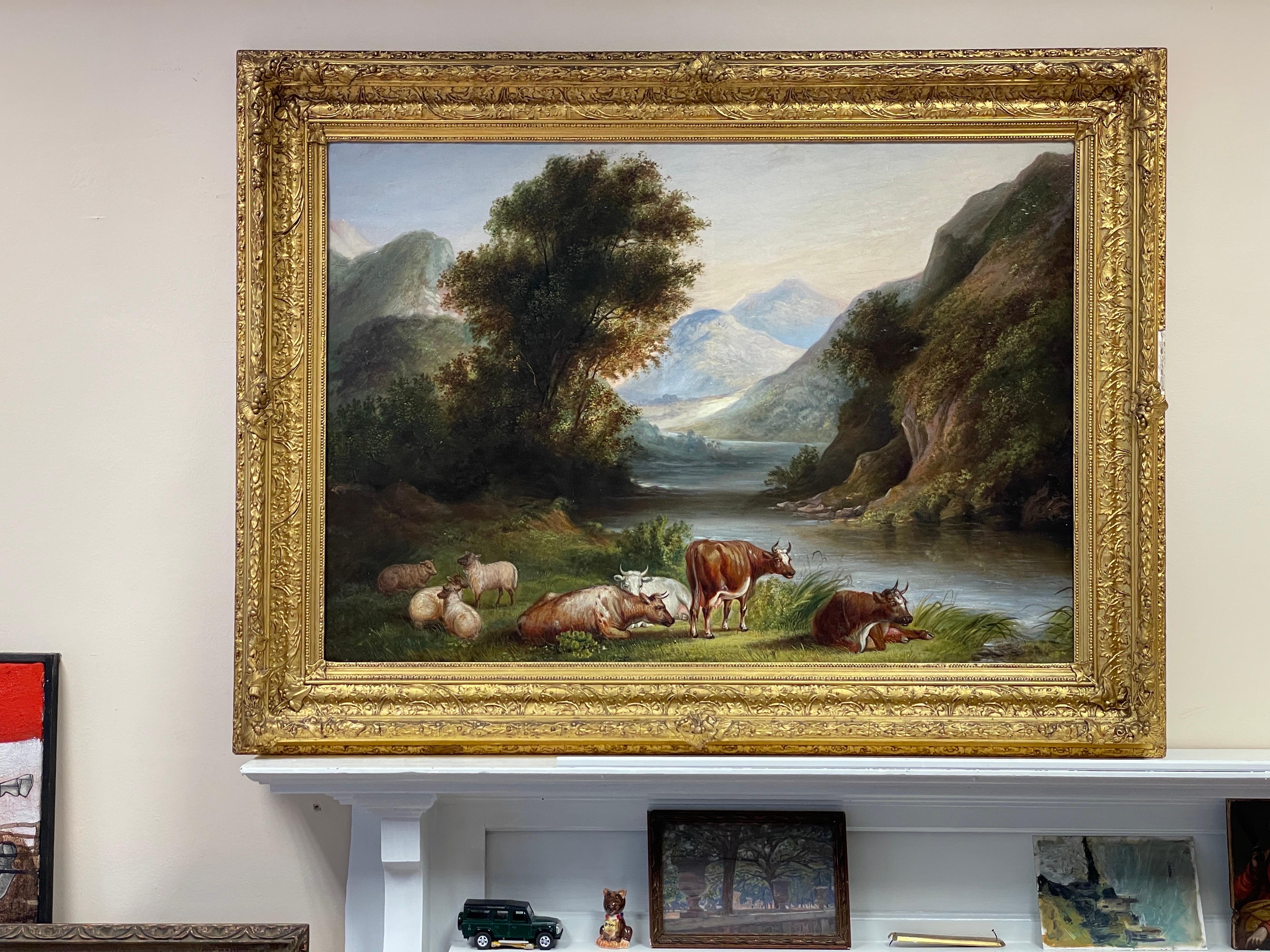 Huge 19th Century Scottish Oil Painting Cattle & Sheep in Highland Landscape - Brown Landscape Painting by Victorian Scottish
