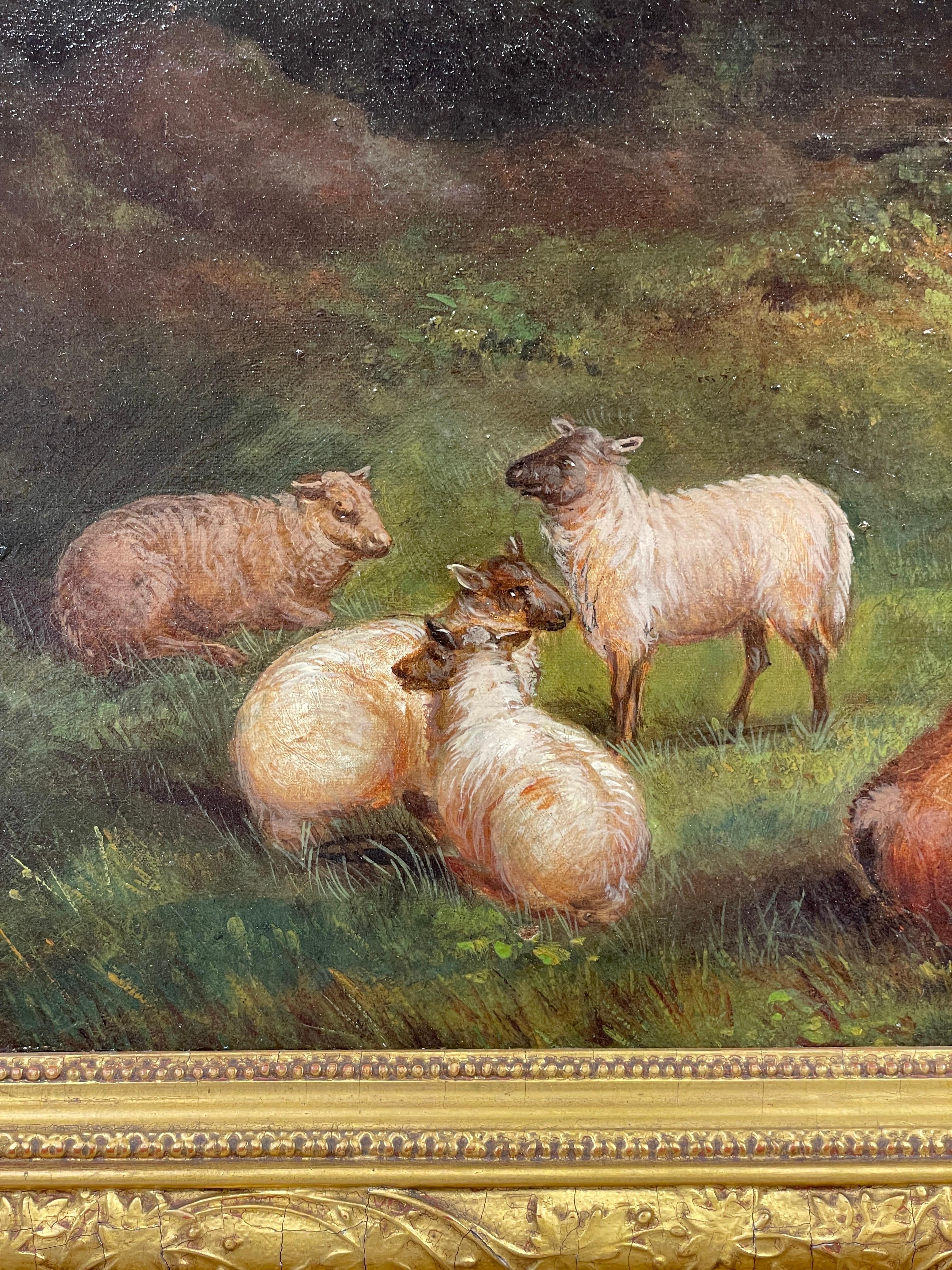 Huge 19th Century Scottish Oil Painting Cattle & Sheep in Highland Landscape 4