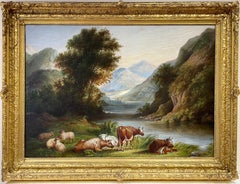 Grande peinture à l'huile écossaise du 19ème siècle représentant du bétail et des moutons dans un paysage des Highlands