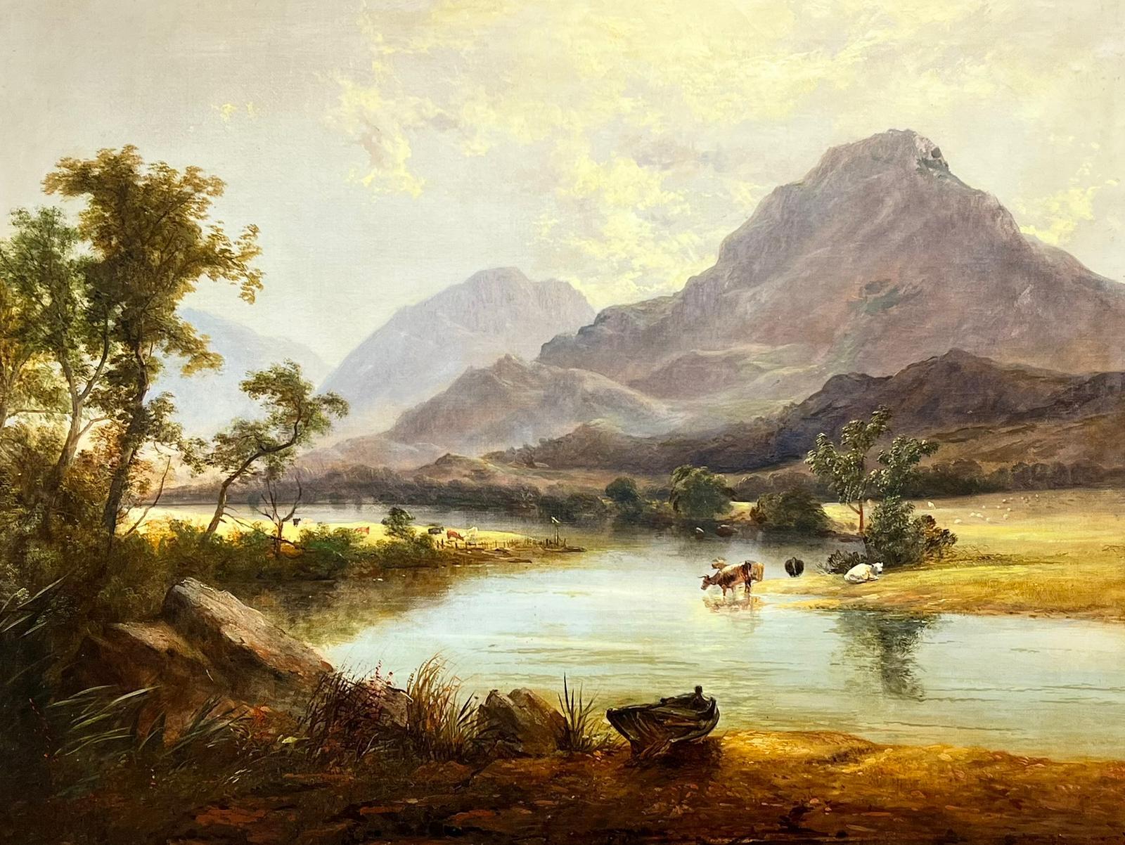 Very Large 19th Century Scottish Victorian Oil Cattle Watering Highland Loch - Painting by Victorian Scottish