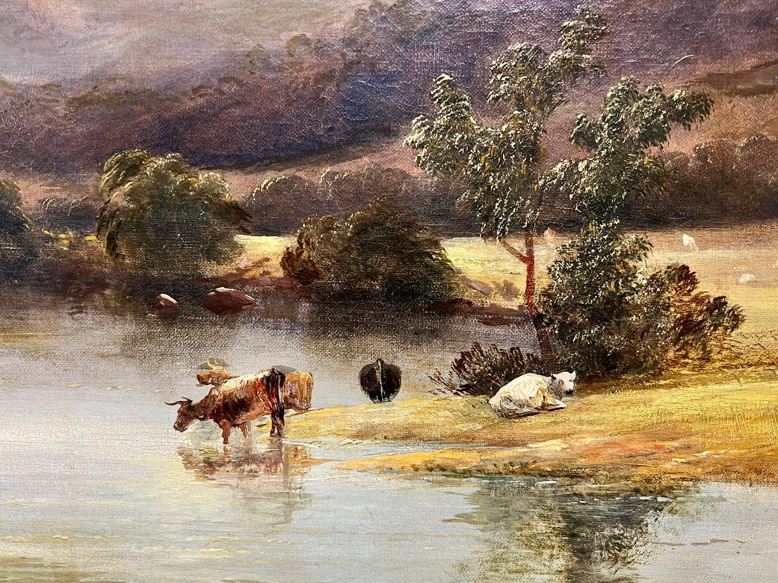 Artist/ School: Scottish School, 19th century

Title: Scottish Highland Landscape, with cattle watering on the loch

Medium: oil on canvas, framed

Framed: 39 x 46 inches
Painting: 28 x 36 inches

Provenance: private collection, UK

Condition: The