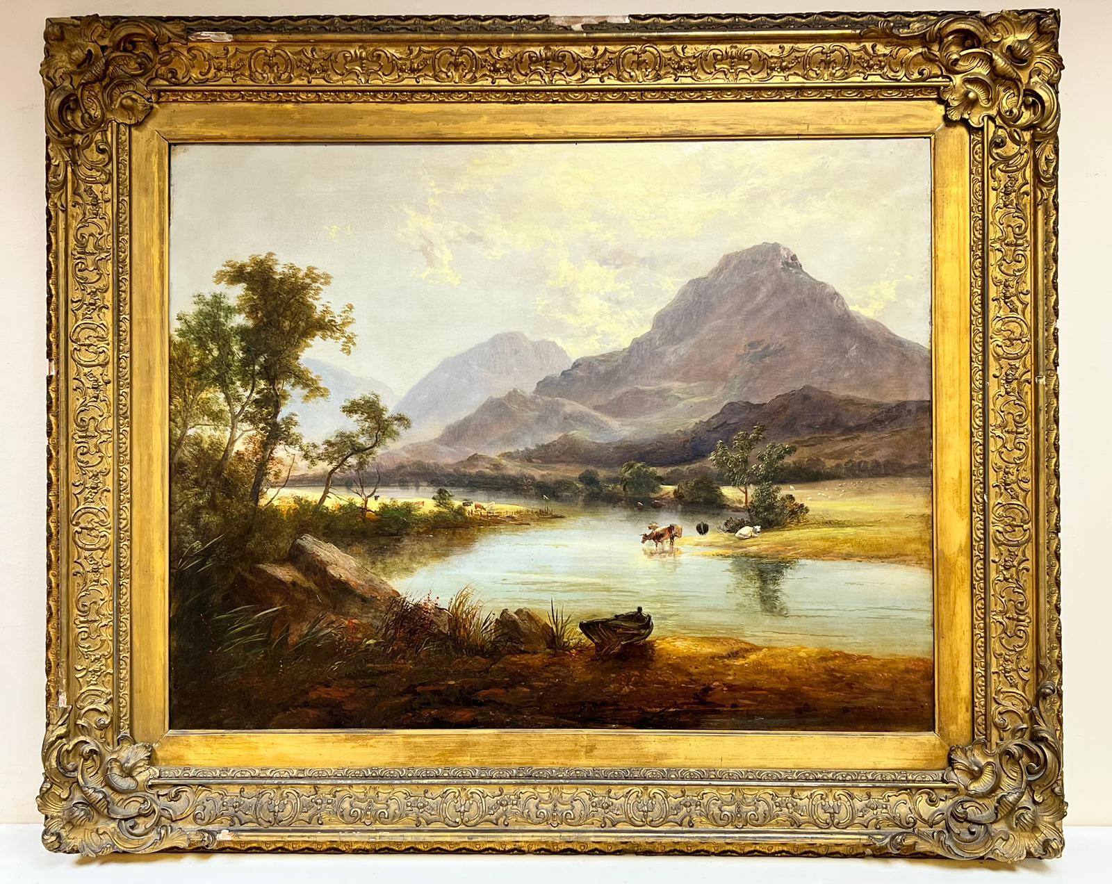 Victorian Scottish Animal Painting - Very Large 19th Century Scottish Victorian Oil Cattle Watering Highland Loch